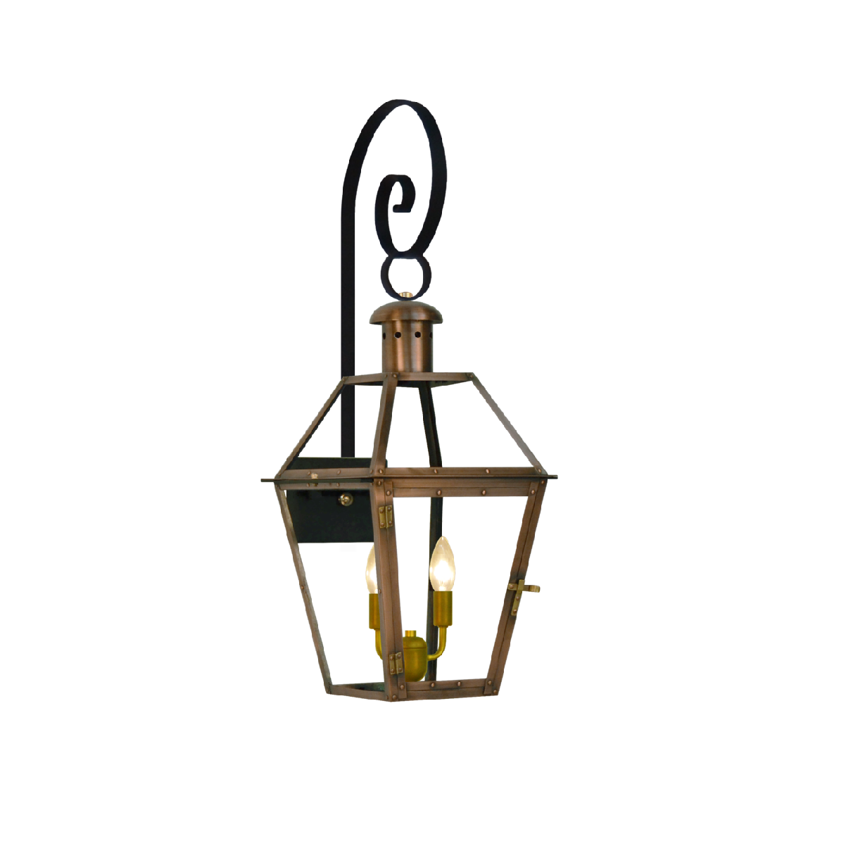 Georgetown Gas or Electric Copper Lantern on Wall Mount with Top and Bottom  Scrolls